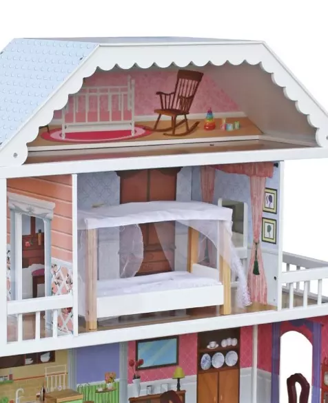 W06A218 - בית בובות לילדות מעץ שלוש קומות וקומת גג, דגם מורן, קפיץ קפוץ